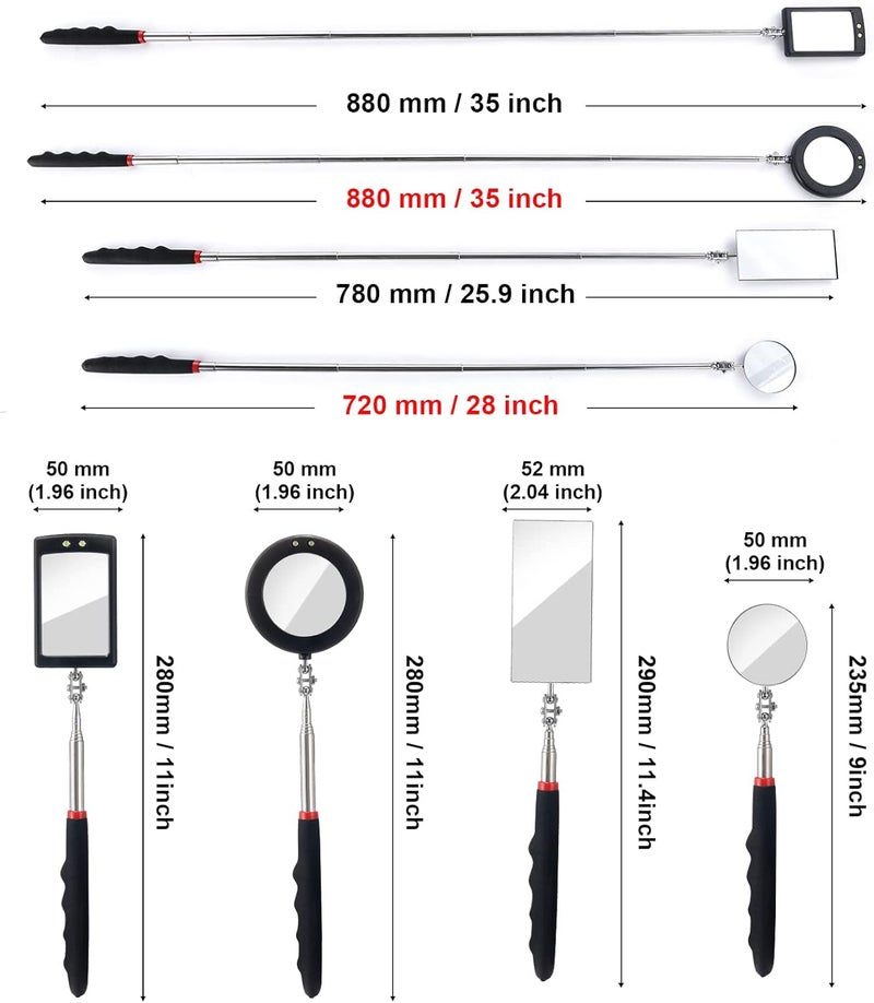 KABUDA 4PCS Telescoping Inspection Mirror LED Lighted Inspection Mirror for Mechanic Checking Vehicle, Car, Eyelashes, Mouth, Small Parts Observation (Extendable, Rectangle & Round) - Image 2